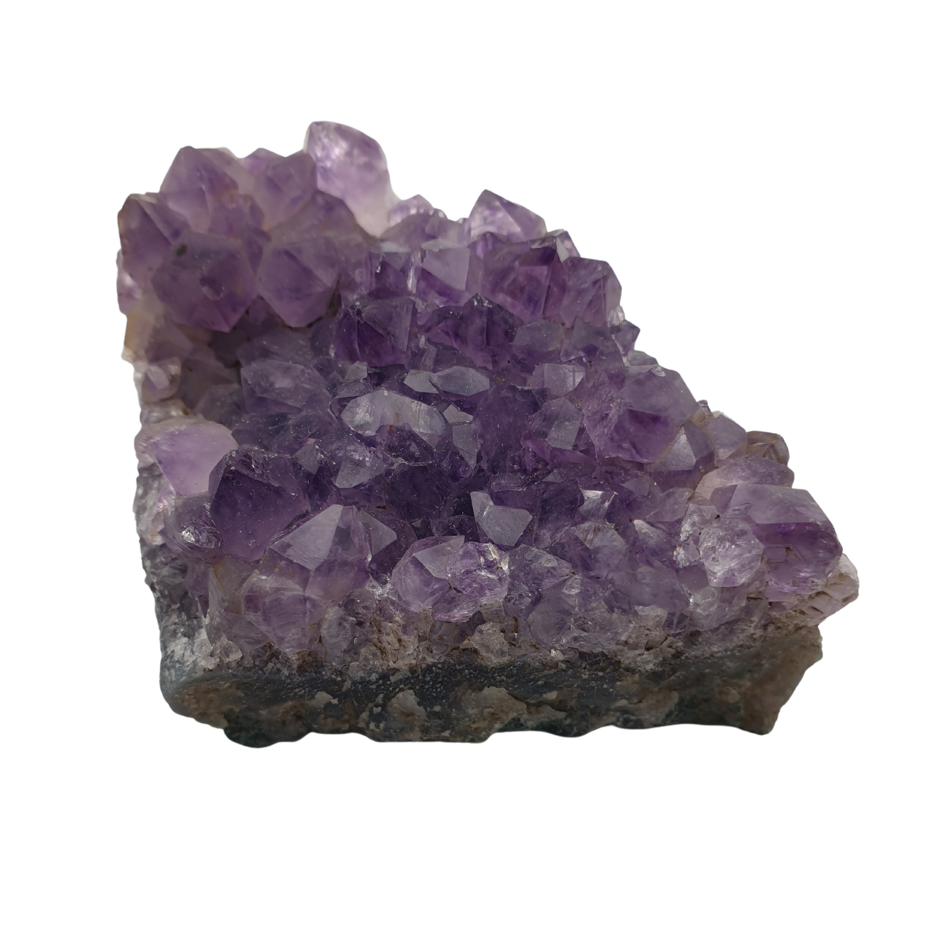 a piece of amethyst with purple points on a base of grey stone