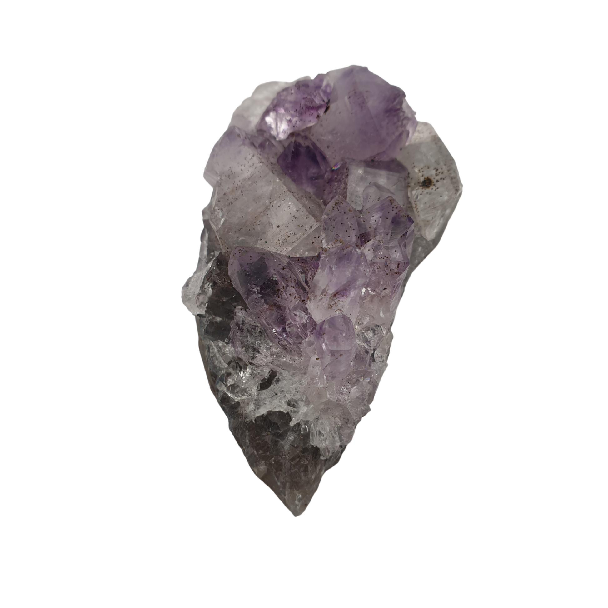 A piece of amethyst with purple points on a base of grey stone