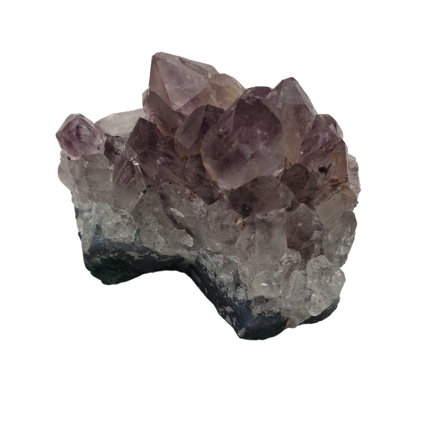 A  piece of amethyst with purple points on a base of grey stone