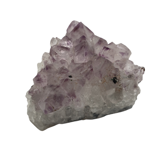 A piece of amethyst with purple points on a base of grey stone