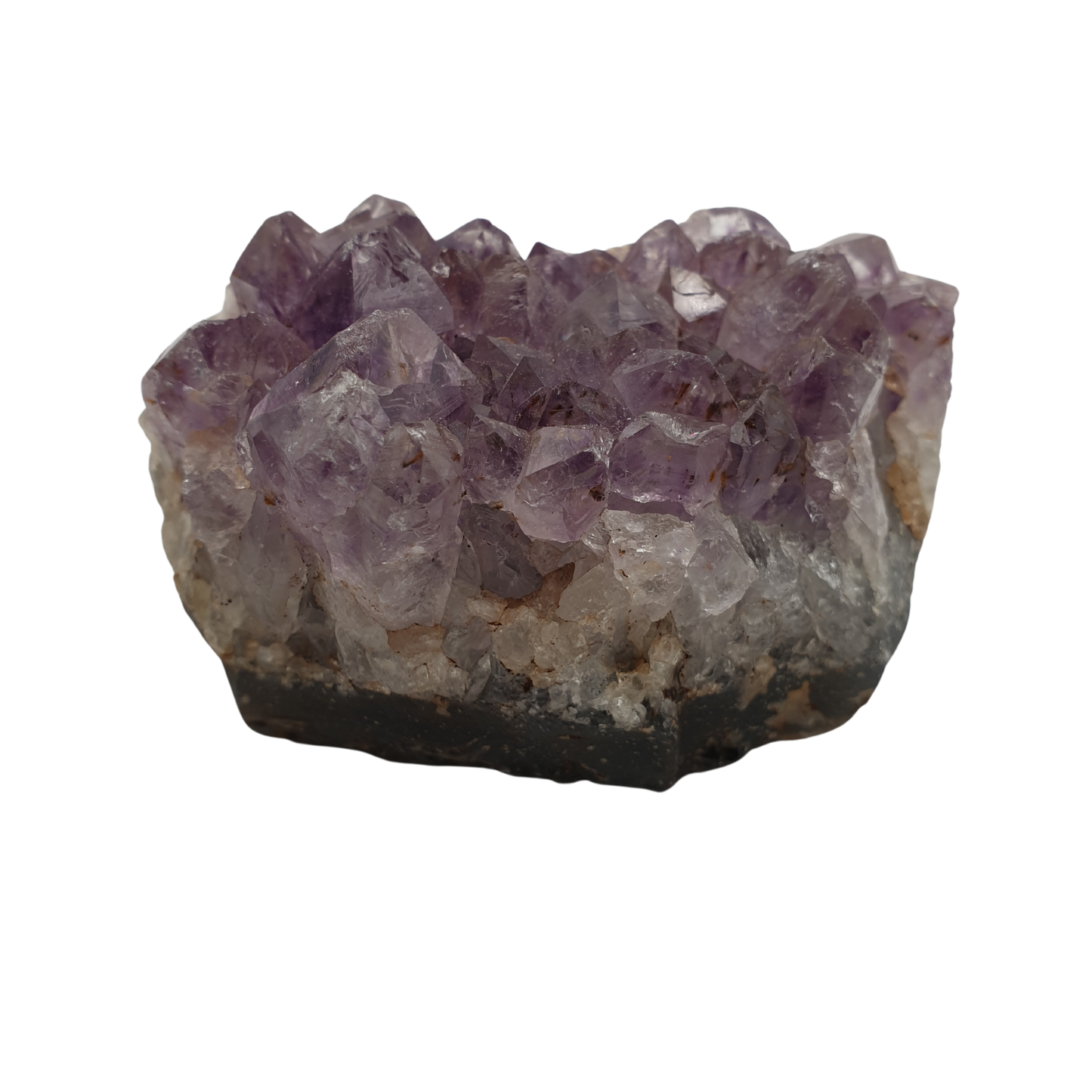 A piece of amethyst with purple points on a base of grey stone