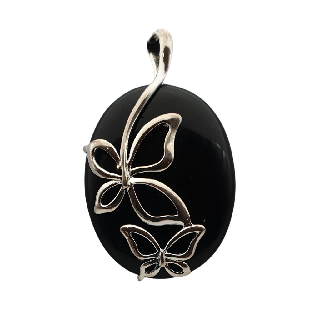 Black Onyx Sterling Silver Large Oval Butterfly Overlay Pendant