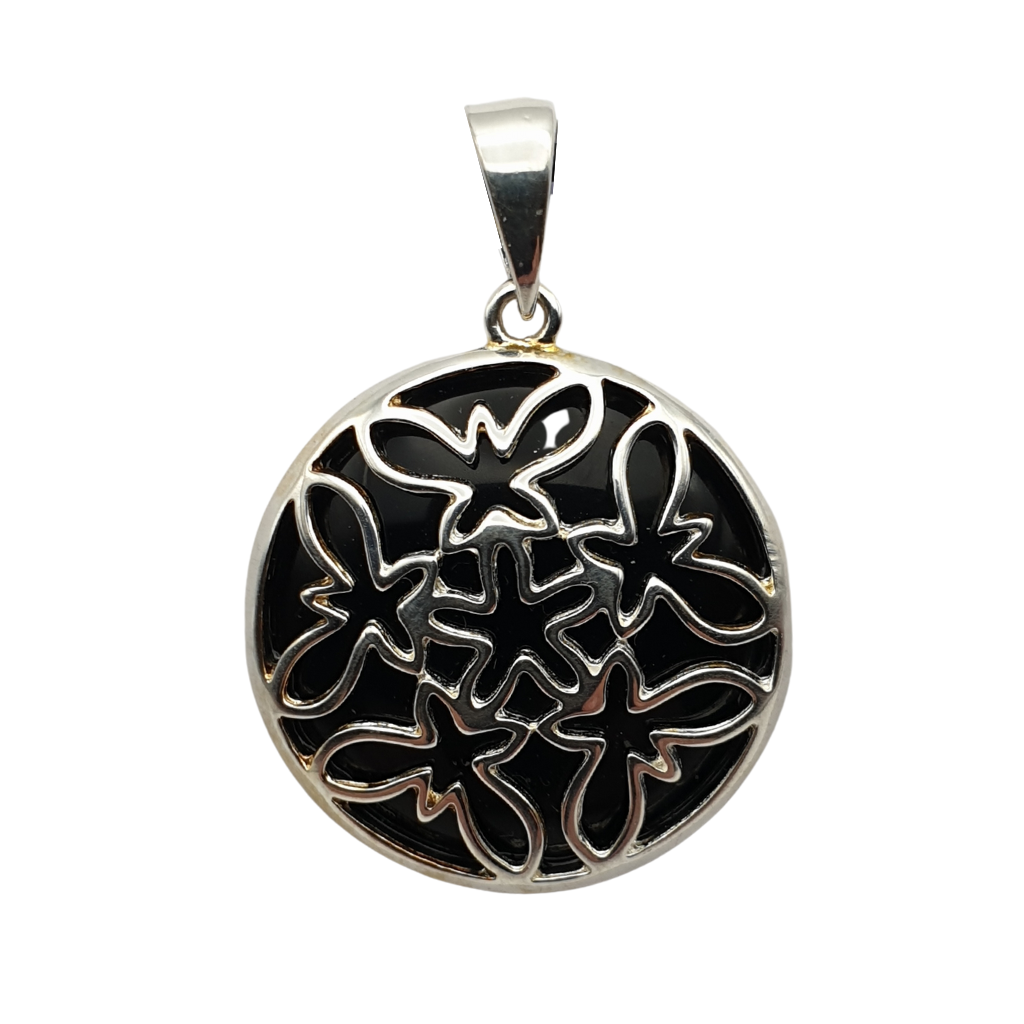 Black Onyx Sterling Silver Small Round Butterfly Overlay Pendant