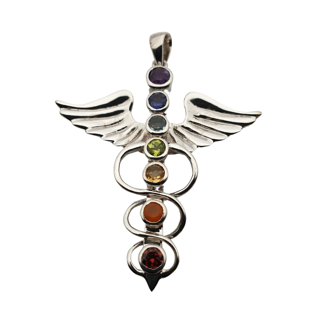 Chakra Caduceus Sterling Silver Lotus Pendant