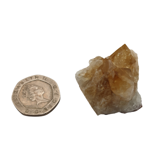 A cluster of citrine with yellow crystal points on a white base next to a 20 pence 