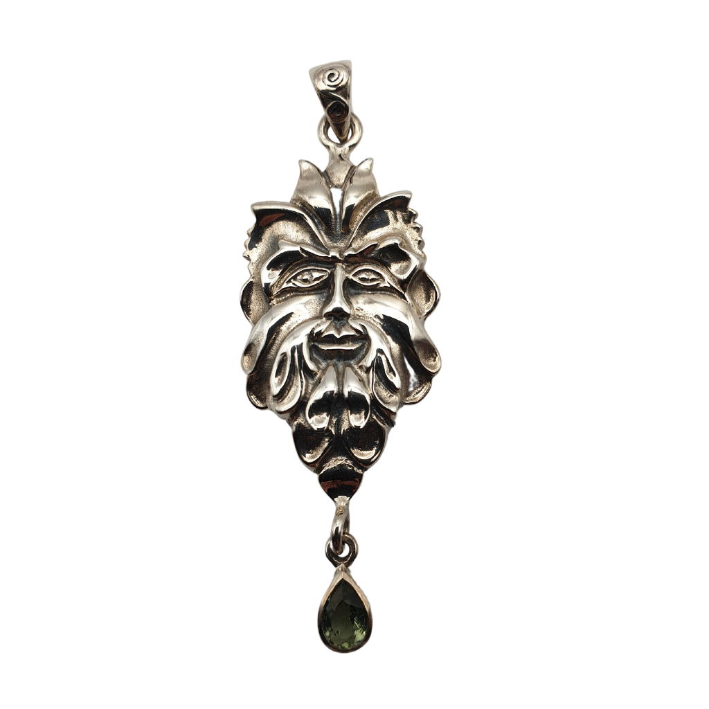 Moldavite Green Man Sterling Silver Pendant