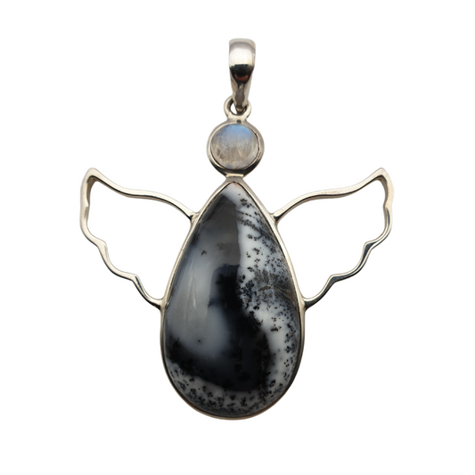 Moonstone and Merlinite Sterling Silver Angel Pendant