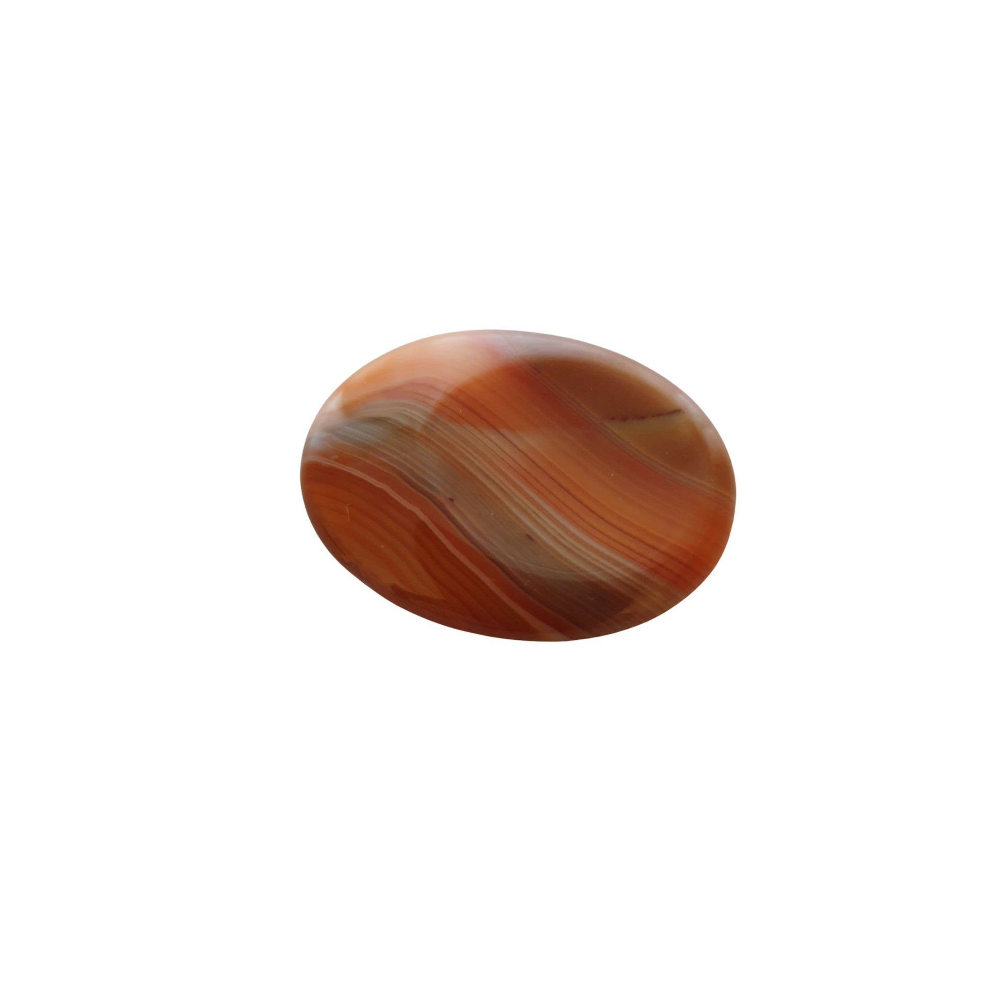 Flat Carnelian Crystal has a calming effect when rubbed between finger and thumb