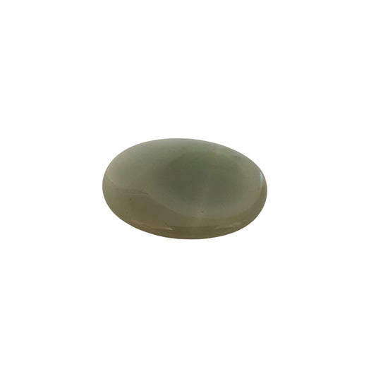 a small flat oval shaped Green Aventurine carved into a smooth Thumb Stone on a white background.