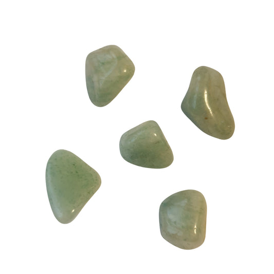 5 green aventurine tumble stones on a white background small enough to hold in your hand.  only 1 supplied