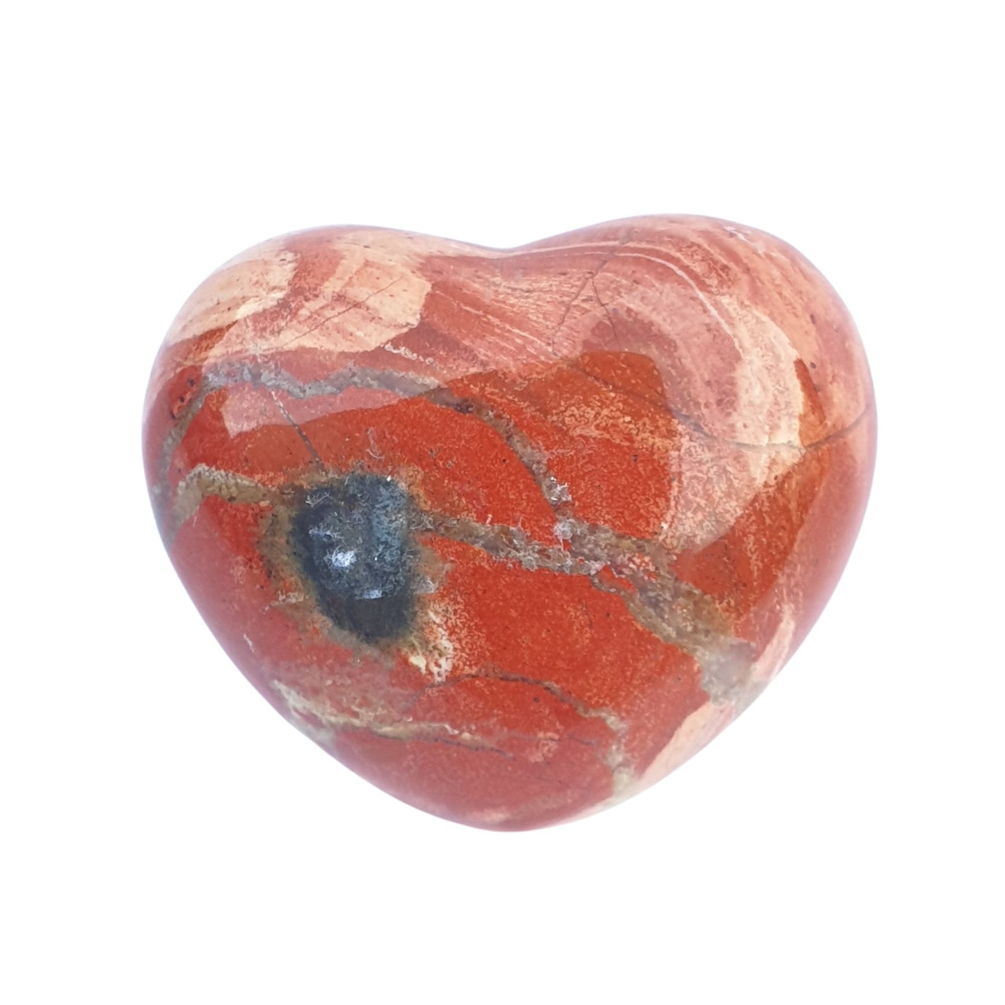 red jasper crystal shaped heart red with swirls of white and lines of grey