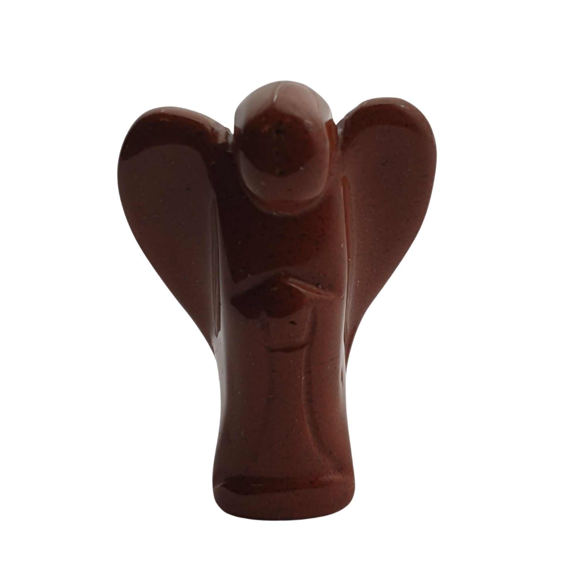 Red Jasper Crystal carved into a pocket sized angel. Reddish brown colour smooth to touch